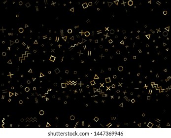 Gold geometric confetti vector memphis style background with triangle, circle, square shapes, chevron and wavy line ribbons. Digital 80s style memphis gold glitter confetti falling on black.