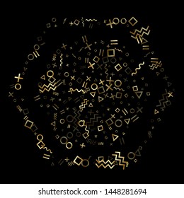 Gold geometric confetti vector memphis style background with triangle, circle, square shapes, zigzag and wavy line ribbons. Tinsel 90s style bauhaus gold glitter party confetti on black.