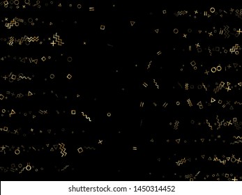 Gold geometric confetti vector memphis style background with triangle, circle, square shapes, zigzag and wavy line ribbons. Shining 90s style bauhaus gold sparkle confetti flying on black.
