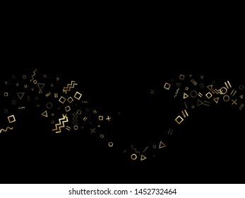 Gold geometric confetti vector memphis style background with triangle, circle, square shapes, chevron and wavy line ribbons. Festive 80s style memphis gold tinsel party confetti on black.