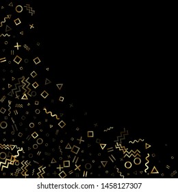 Gold geometric confetti vector memphis style background with triangle, circle, square shapes, zigzag and wavy line ribbons. Cool 80s style memphis gold tinsel confetti falling on black.