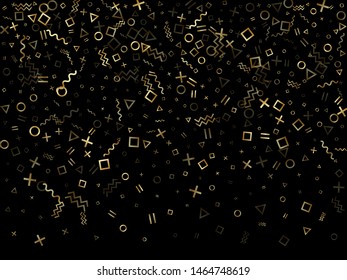 Gold geometric confetti vector memphis style background with triangle, circle, square shapes, chevron and wavy line ribbons. Simple 80s style bauhaus gold tinsel party confetti on black.
