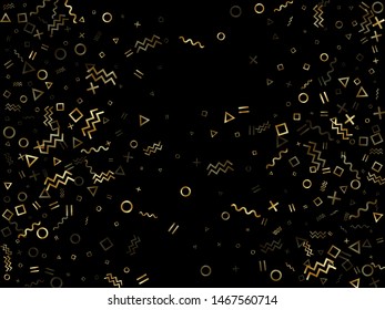 Gold geometric confetti vector memphis style background with triangle, circle, square shapes, zigzag and wavy line ribbons. Glowing 90s style bauhaus gold yellow tinsel confetti falling on black.
