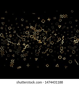 Gold geometric confetti vector memphis style background with triangle, circle, square shapes, zigzag and wavy line ribbons. Minimal 90s style memphis gold yellow glitter confetti falling on black.