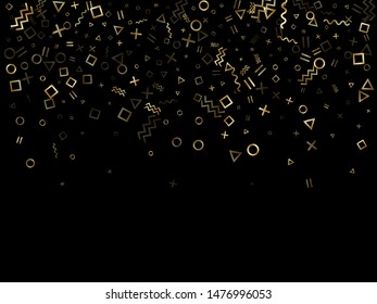 Gold geometric confetti vector memphis style background with triangle, circle, square shapes, zigzag and wavy line ribbons. Digital 90s style memphis gold yellow sparkle party confetti on black.