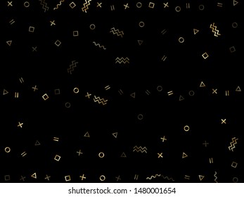 Gold geometric confetti vector memphis style background with triangle, circle, square shapes, zigzag and wavy line ribbons. Cool 80s style memphis gold tinsel confetti falling on black.