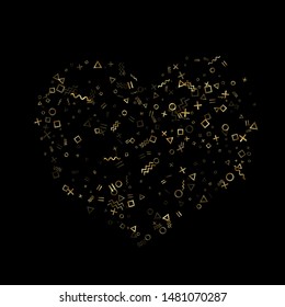 Gold geometric confetti vector memphis style background with triangle, circle, square shapes, chevron and wavy line ribbons. Glowing 80s style bauhaus gold sparkle party confetti on black.