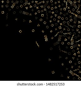 Gold geometric confetti vector memphis style background with triangle, circle, square shapes, zigzag and wavy line ribbons. Retro 80s style bauhaus gold yellow glitter party confetti on black.