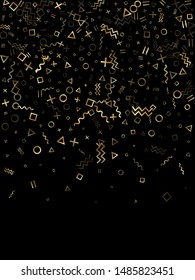 Gold geometric confetti vector memphis style background with triangle, circle, square shapes, chevron and wavy line ribbons. Glowing 90s style memphis gold yellow tinsel confetti falling on black.