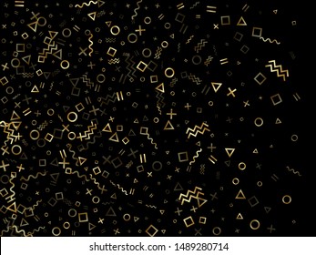 Gold geometric confetti vector memphis style background with triangle, circle, square shapes, zigzag and wavy line ribbons. Fancy 90s style bauhaus gold sparkle confetti falling on black.
