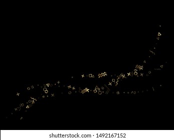 Gold geometric confetti vector memphis style background with triangle, circle, square shapes, zigzag and wavy line ribbons. Digital 80s style memphis gold yellow sparkle confetti flying on black.