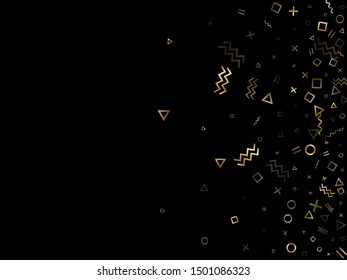 Gold geometric confetti vector memphis style background with triangle, circle, square shapes, zigzag and wavy line ribbons. Glossy 80s style bauhaus gold yellow sparkle confetti falling on black.
