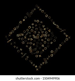 Gold geometric confetti vector memphis style background with triangle, circle, square shapes, zigzag and wavy line ribbons. Mix 90s style bauhaus gold yellow glitter confetti flying on black.