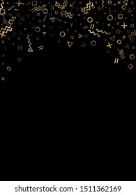 Gold geometric confetti vector memphis style background with triangle, circle, square shapes, chevron and wavy line ribbons. Luxury 80s style memphis gold yellow sparkle party confetti on black.