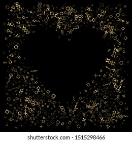 Gold geometric confetti vector memphis style background with triangle, circle, square shapes, zigzag and wavy line ribbons. Minimal 80s style bauhaus gold sparkle confetti falling on black.