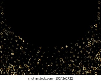 Gold geometric confetti vector memphis style background with triangle, circle, square shapes, chevron and wavy line ribbons. Tech 90s style bauhaus gold glitter confetti flying on black.