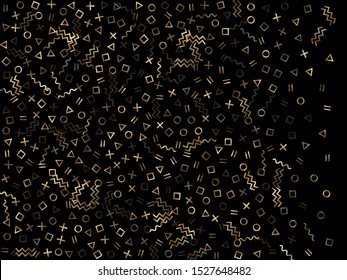 Gold geometric confetti vector memphis style background with triangle, circle, square shapes, chevron and wavy line ribbons. Mix 80s style memphis gold yellow sparkle confetti falling on black.