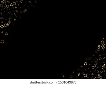 Gold geometric confetti vector memphis style background with triangle, circle, square shapes, chevron and wavy line ribbons. Magic 90s style memphis gold yellow sparkle confetti falling on black.