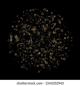 Gold geometric confetti vector memphis style background with triangle, circle, square shapes, chevron and wavy line ribbons. Retro 90s style memphis gold sparkle confetti falling on black.