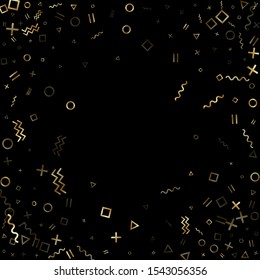 Gold geometric confetti vector memphis style background with triangle, circle, square shapes, zigzag and wavy line ribbons. Simple 90s style memphis gold sparkle confetti flying on black.