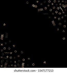 Gold geometric confetti vector memphis style background with triangle, circle, square shapes, chevron and wavy line ribbons. Luxury 90s style bauhaus gold yellow sparkle confetti flying on black.