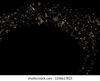 Gold geometric confetti vector memphis style background with triangle, circle, square shapes, zigzag and wavy line ribbons. Vintage 80s style memphis gold yellow glitter party confetti on black.