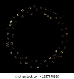 Gold geometric confetti vector memphis style background with triangle, circle, square shapes, chevron and wavy line ribbons. Flat 80s style memphis gold yellow sparkle confetti falling on black.