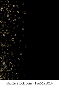 Gold geometric confetti vector memphis style background with triangle, circle, square shapes, zigzag and wavy line ribbons. Shiny 80s style memphis gold sparkle confetti falling on black.