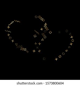 Gold geometric confetti vector memphis style background with triangle, circle, square shapes, zigzag and wavy line ribbons. Fancy 80s style memphis gold yellow sparkle party confetti on black.