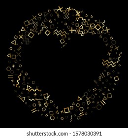 Gold geometric confetti vector memphis style background with triangle, circle, square shapes, chevron and wavy line ribbons. Small 80s style memphis gold glitter confetti flying on black.