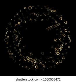 Gold geometric confetti vector memphis style background with triangle, circle, square shapes, zigzag and wavy line ribbons. Glossy 90s style bauhaus gold yellow glitter confetti falling on black.