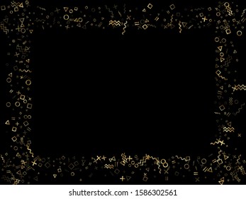 Gold geometric confetti vector memphis style background with triangle, circle, square shapes, zigzag and wavy line ribbons. Glossy 80s style bauhaus gold glitter confetti falling on black.