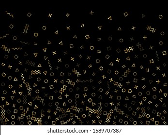 Gold geometric confetti vector memphis style background with triangle, circle, square shapes, chevron and wavy line ribbons. Modern 90s style memphis gold yellow sparkle confetti flying on black.