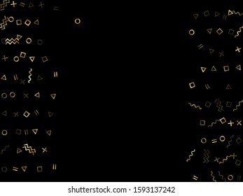 Gold geometric confetti vector memphis style background with triangle, circle, square shapes, chevron and wavy line ribbons. Simple 80s style memphis gold yellow sparkle confetti flying on black.