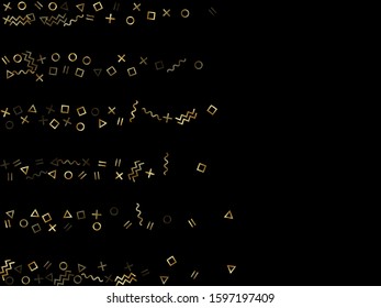 Gold geometric confetti vector memphis style background with triangle, circle, square shapes, chevron and wavy line ribbons. Cool 80s style bauhaus gold yellow glitter confetti flying on black.