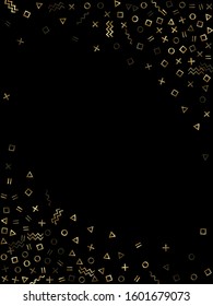 Gold geometric confetti vector memphis style background with triangle, circle, square shapes, zigzag and wavy line ribbons. Shiny 80s style bauhaus gold yellow tinsel confetti falling on black.