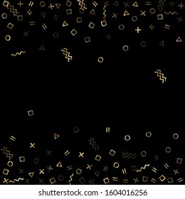 Gold geometric confetti vector memphis style background with triangle, circle, square shapes, zigzag and wavy line ribbons. Minimal 80s style bauhaus gold yellow glitter party confetti on black.