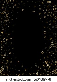 Gold geometric confetti vector memphis style background with triangle, circle, square shapes, chevron and wavy line ribbons. Modern 90s style bauhaus gold yellow tinsel confetti falling on black.