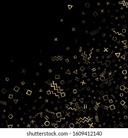Gold geometric confetti vector memphis style background with triangle, circle, square shapes, zigzag and wavy line ribbons. Shining 80s style memphis gold tinsel confetti flying on black.