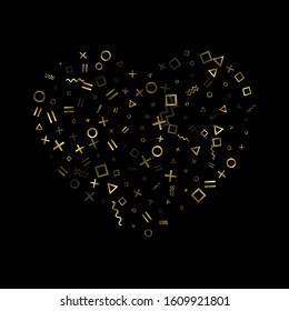 Gold geometric confetti vector memphis style background with triangle, circle, square shapes, zigzag and wavy line ribbons. Luxury 80s style memphis gold yellow glitter party confetti on black.
