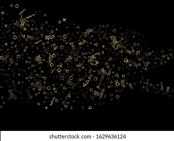 Gold geometric confetti vector memphis style background with triangle, circle, square shapes, chevron and wavy line ribbons. Hipster 90s style memphis gold tinsel confetti flying on black.