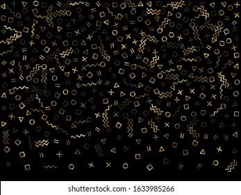 Gold geometric confetti vector memphis style background with triangle, circle, square shapes, zigzag and wavy line ribbons. Flat 80s style bauhaus gold tinsel confetti falling on black.