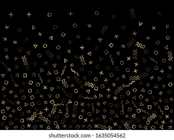 Gold geometric confetti vector memphis style background with triangle, circle, square shapes, chevron and wavy line ribbons. Fancy 80s style bauhaus gold yellow sparkle confetti flying on black.