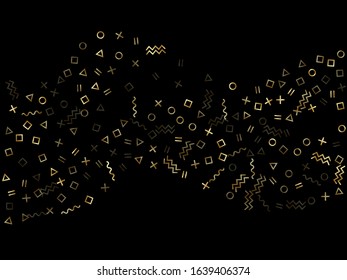 Gold geometric confetti vector memphis style background with triangle, circle, square shapes, zigzag and wavy line ribbons. Modern 80s style bauhaus gold tinsel party confetti on black.
