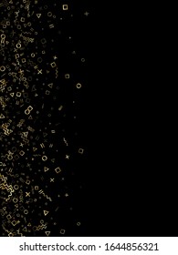Goldener geometrischer Konfetti-Vektorillustration-Memphis-Hintergrund mit Dreieck, Kreis, quadratischen Formen, Zickzack und gewellten Linienbändern. Zauberhafte 90er Jahre Bauhaus Gold tinsel Konfetti fliegen auf Schwarz.