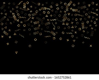 Gold geometric confetti vector memphis style background with triangle, circle, square shapes, zigzag and wavy line ribbons. Tinsel 90s style bauhaus gold yellow glitter confetti flying on black.