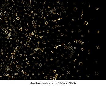 Gold geometric confetti vector memphis style background with triangle, circle, square shapes, chevron and wavy line ribbons. Glowing 90s style memphis gold yellow sparkle party confetti on black.
