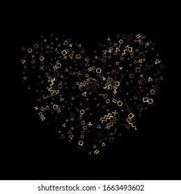 Gold geometric confetti vector memphis style background with triangle, circle, square shapes, zigzag and wavy line ribbons. Hipster 90s style bauhaus gold tinsel confetti falling on black.