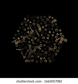 Gold geometric confetti vector memphis style background with triangle, circle, square shapes, chevron and wavy line ribbons. Magic 80s style memphis gold sparkle confetti flying on black.