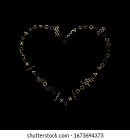 Goldener geometrischer Konfetti-Vektorillustration-Memphis-Hintergrund mit Dreieck, Kreis, quadratischen Formen, Zickzack und gewellten Linienbändern. Minimal 90er Jahre Stil Memphis goldgelb tinsel Konfetti fliegen auf Schwarz.